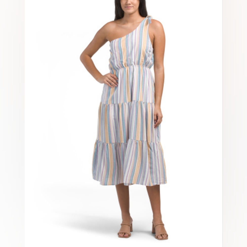 NWT - Linen Blend Gilli Tied One Shoulder Strap Tiered Midi Dress - Size L